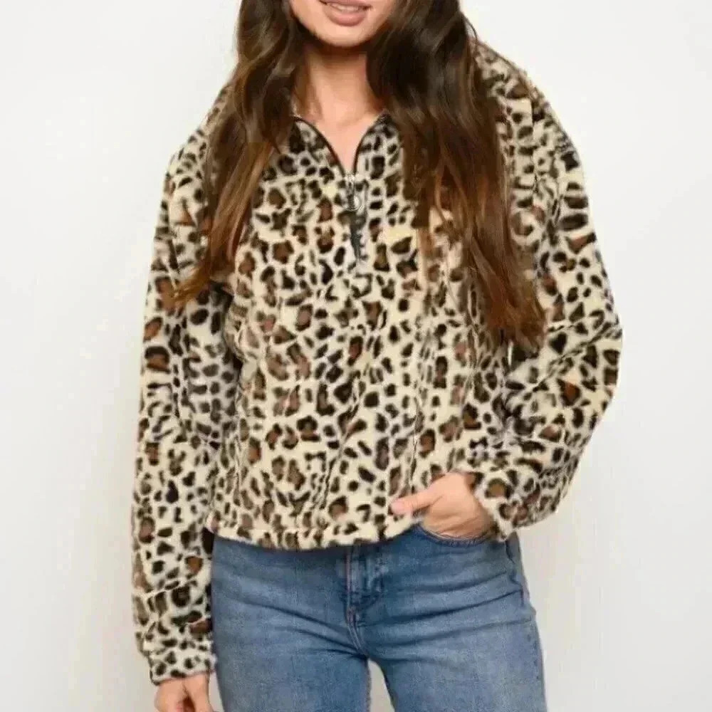 WOMEN'S LEOPARD PRINT FAUX FUR PULLOVER SWEATER